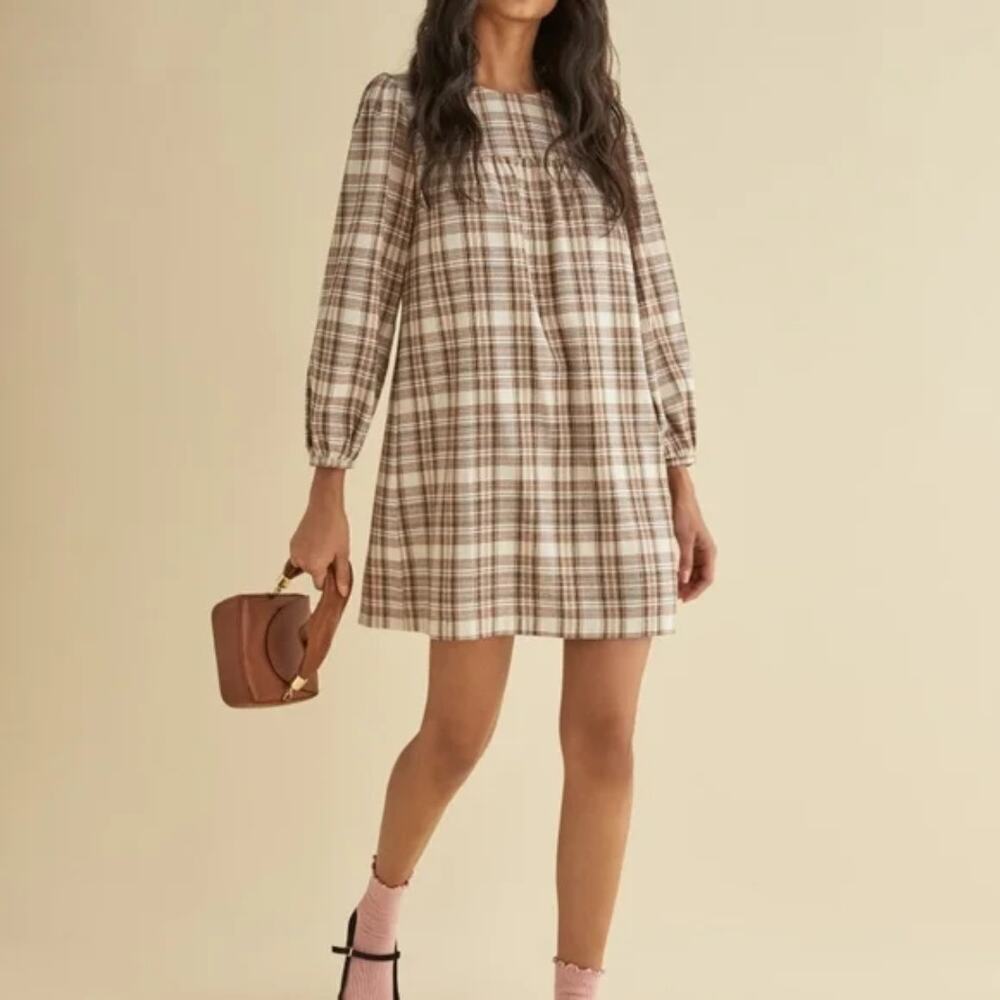 Reformation Jeans Celina Plaid Flannel Mini Babydoll Tunic Dress Tan Size XS